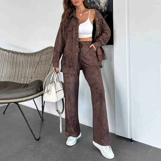 Women’s Shirt and Pants Set – Oversized Fit – Wide-Leg Drawstring – Cotton Blend