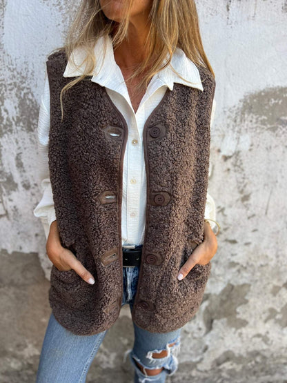 Women’s Vest – Shearling Fleece – Relaxed Fit – Button Front – Casual Layer