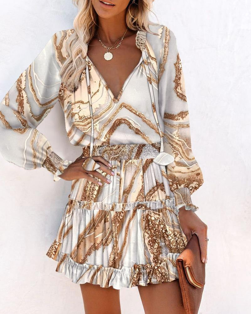 Women’s Mini Dress – A-Line Fit – Silk Feel – Long Sleeve – Printed Ruffle Hem