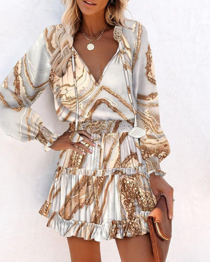 Women’s Mini Dress – A-Line Fit – Silk Feel – Long Sleeve – Printed Ruffle Hem