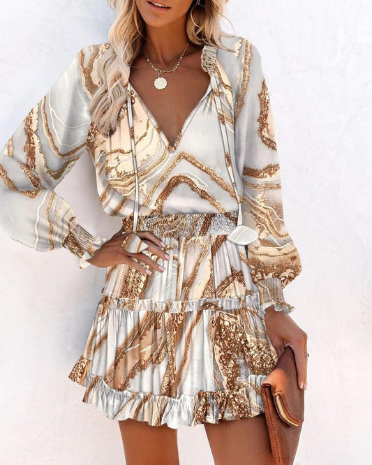 Women’s Mini Dress – A-Line Fit – Silk Feel – Long Sleeve – Printed Ruffle Hem