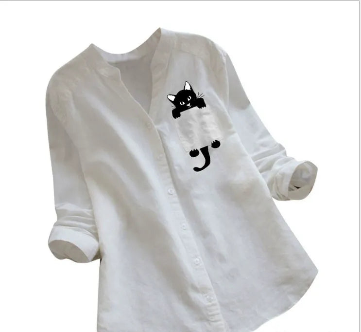 Women’s Long Sleeve Shirt – Cotton Linen – Loose Fit – Button Down – Cat Print Casual