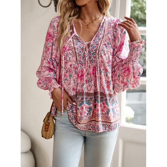Women’s Blouse – Flowy Fit – Bohemian Print – V-Neck with Tie – Long Puff Sleeves