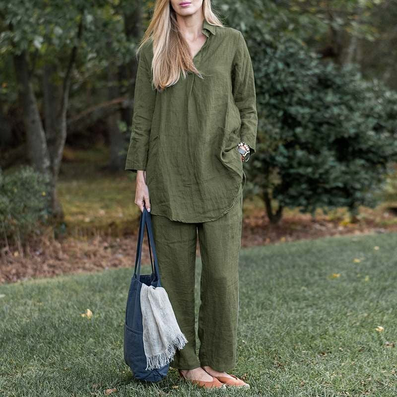 Women’s Matching Set – Relaxed Fit Shirt and Pants – Linen Blend – High Waist Wide Leg