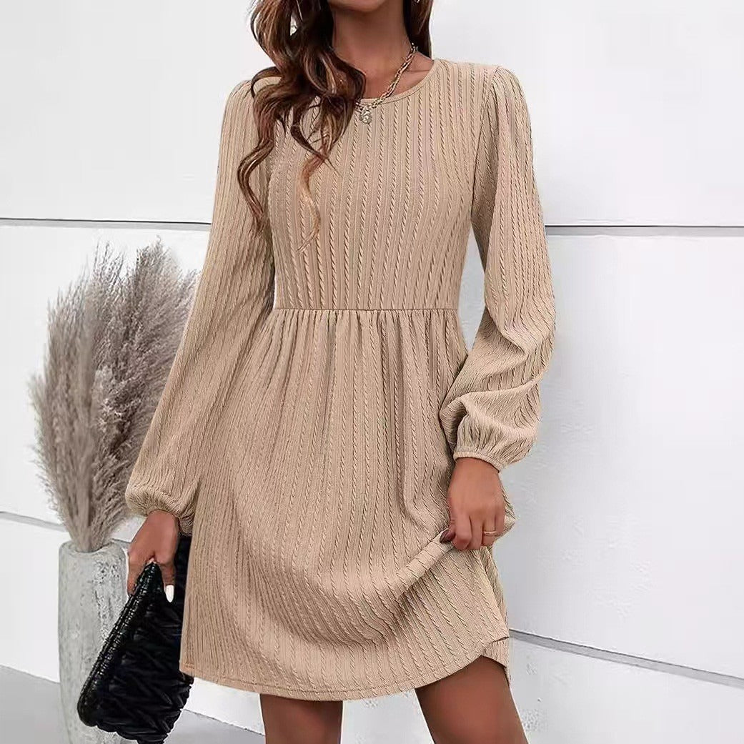 Women’s Knit Dress – Fit and Flare – Jacquard Texture – Puff Long Sleeve – Round Neck