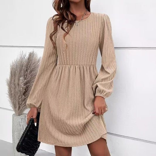 Women’s Knit Dress – Fit and Flare – Jacquard Texture – Puff Long Sleeve – Round Neck