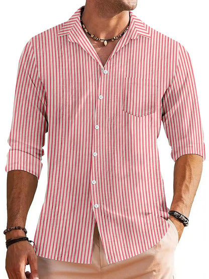 Men’s Button-Down Shirt – Cotton Blend – Regular Fit – Striped Long Sleeve Casual