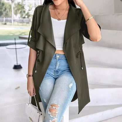 Women’s Trench Coat – Relaxed Fit – Cinched Waist – Cotton Blend – Mid Length