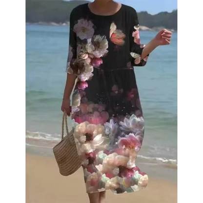 Women’s Midi Dress – Cotton – Relaxed Fit – Half Sleeve – Floral Print