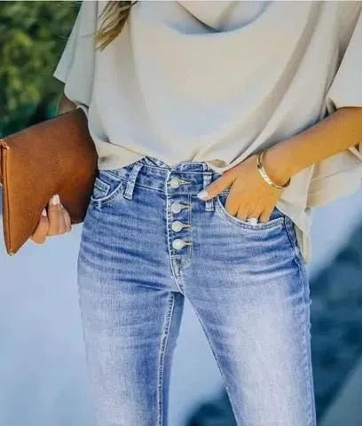 Women’s Flare Jeans – High Waist – Fitted Thigh – Button Fly – Faded Wash Denim