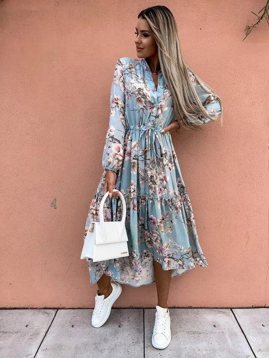 Women’s Shirt Dress – Relaxed Fit – Silk – Tie Waist – Floral Midi – 3/4 Sleeve