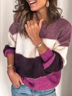 Women’s Pullover Sweater – Relaxed Fit – Wool Blend Knit – Long Sleeve Striped Design