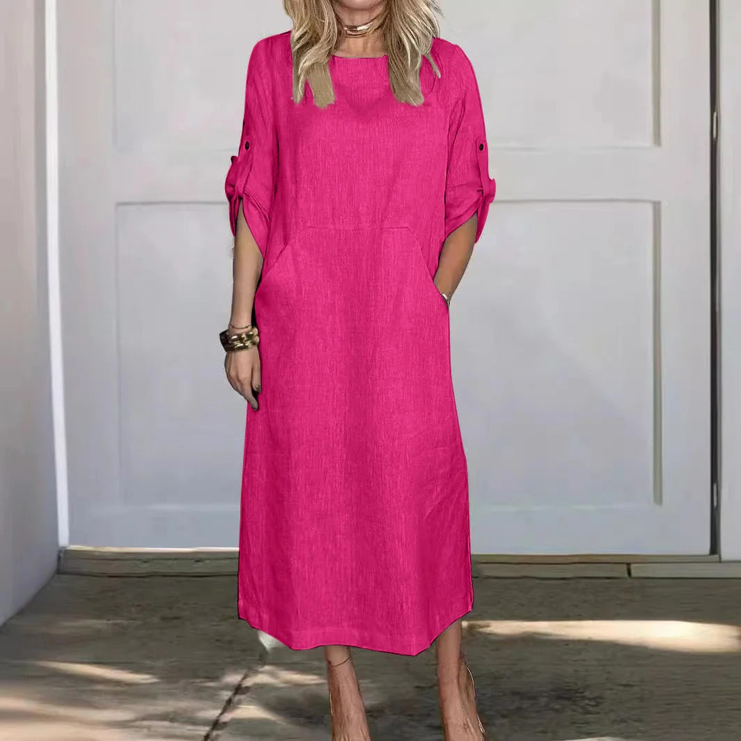 Women’s Midi Dress - Relaxed Flowing Silhouette - Roll-Tab Sleeves - Side Pockets