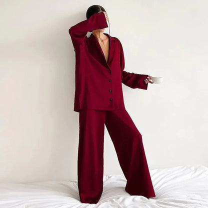 Women’s Pajama Set – Satin Look – Relaxed Fit – Button-Up Top – Wide-Leg Pants