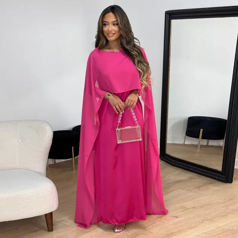 Women's Maxi Dress - Chiffon - Relaxed Fit - Boat Neck - Full-Length Cape Sleeves