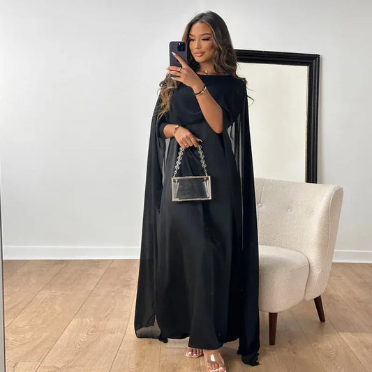 Women's Maxi Dress - Chiffon - Relaxed Fit - Boat Neck - Full-Length Cape Sleeves