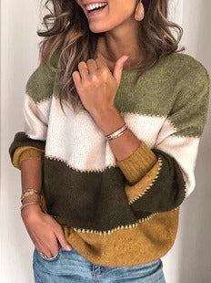 Women’s Pullover Sweater – Relaxed Fit – Wool Blend Knit – Long Sleeve Striped Design