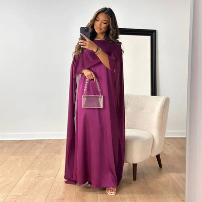 Women's Maxi Dress - Chiffon - Relaxed Fit - Boat Neck - Full-Length Cape Sleeves