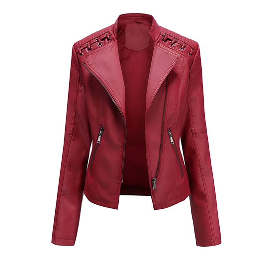 Women’s Leather Jacket – Tailored Fit – Asymmetrical Zip – Quilted Shoulders – Full Length Sleeves