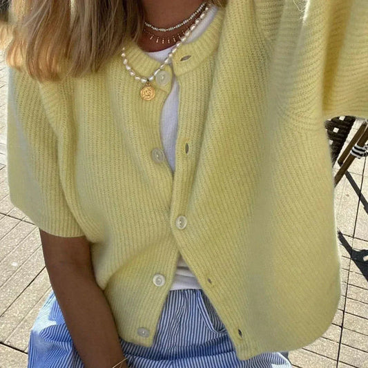 Women’s Cardigan – Wool Knit – Cropped Fit – Short Sleeve – Button Front Casual Layer