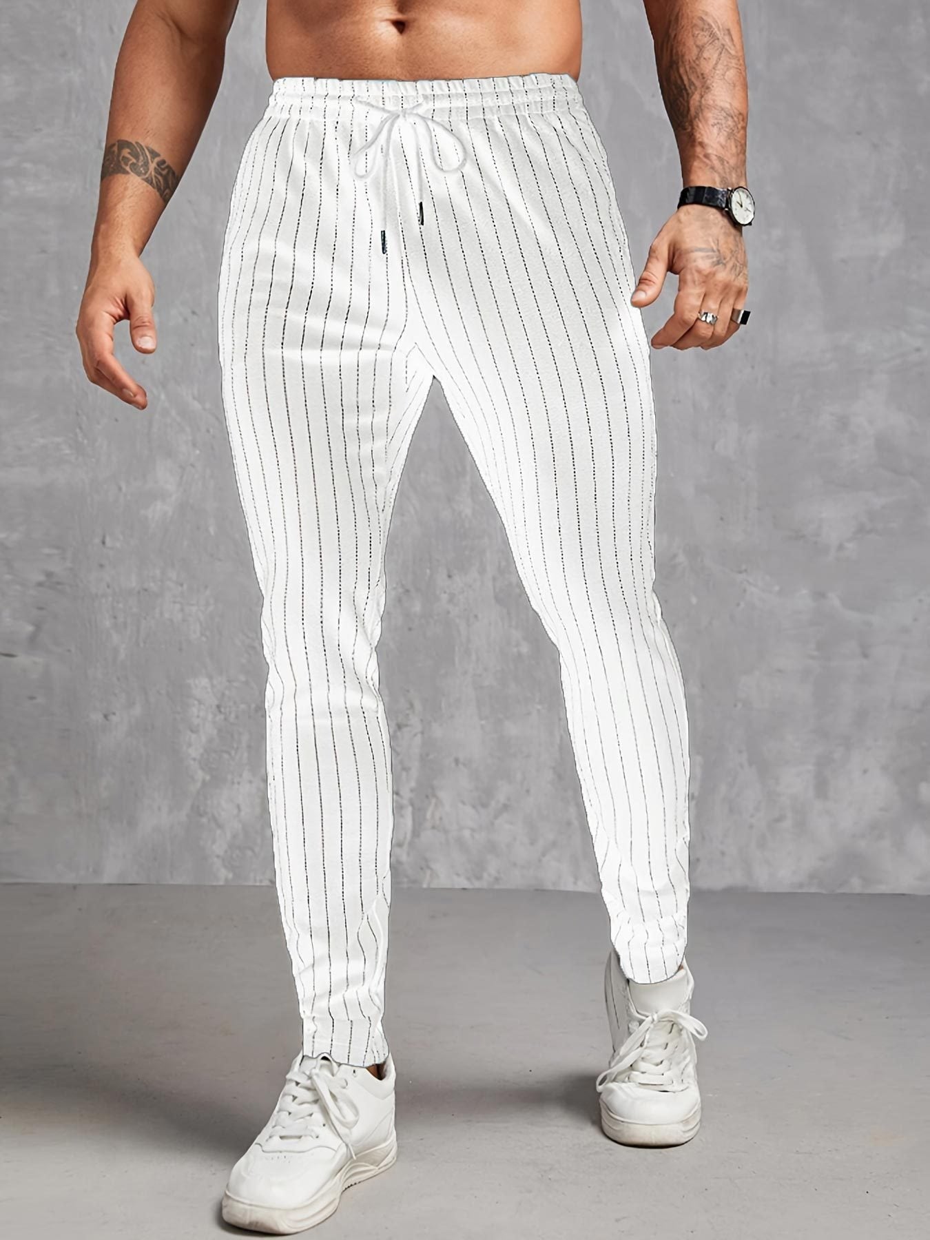 Men’s Trousers – Slim Fit – Cotton Blend – Elastic Waist – Drawstring – Pinstripe