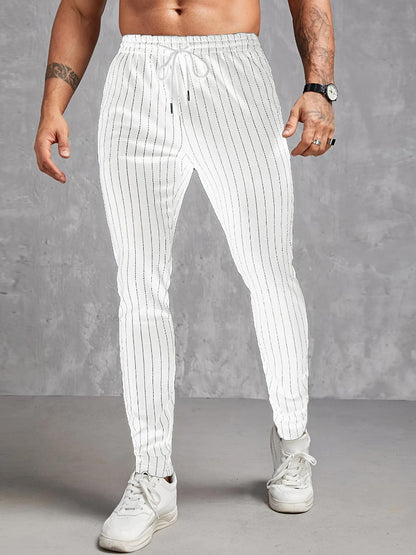 Men’s Trousers – Slim Fit – Cotton Blend – Elastic Waist – Drawstring – Pinstripe
