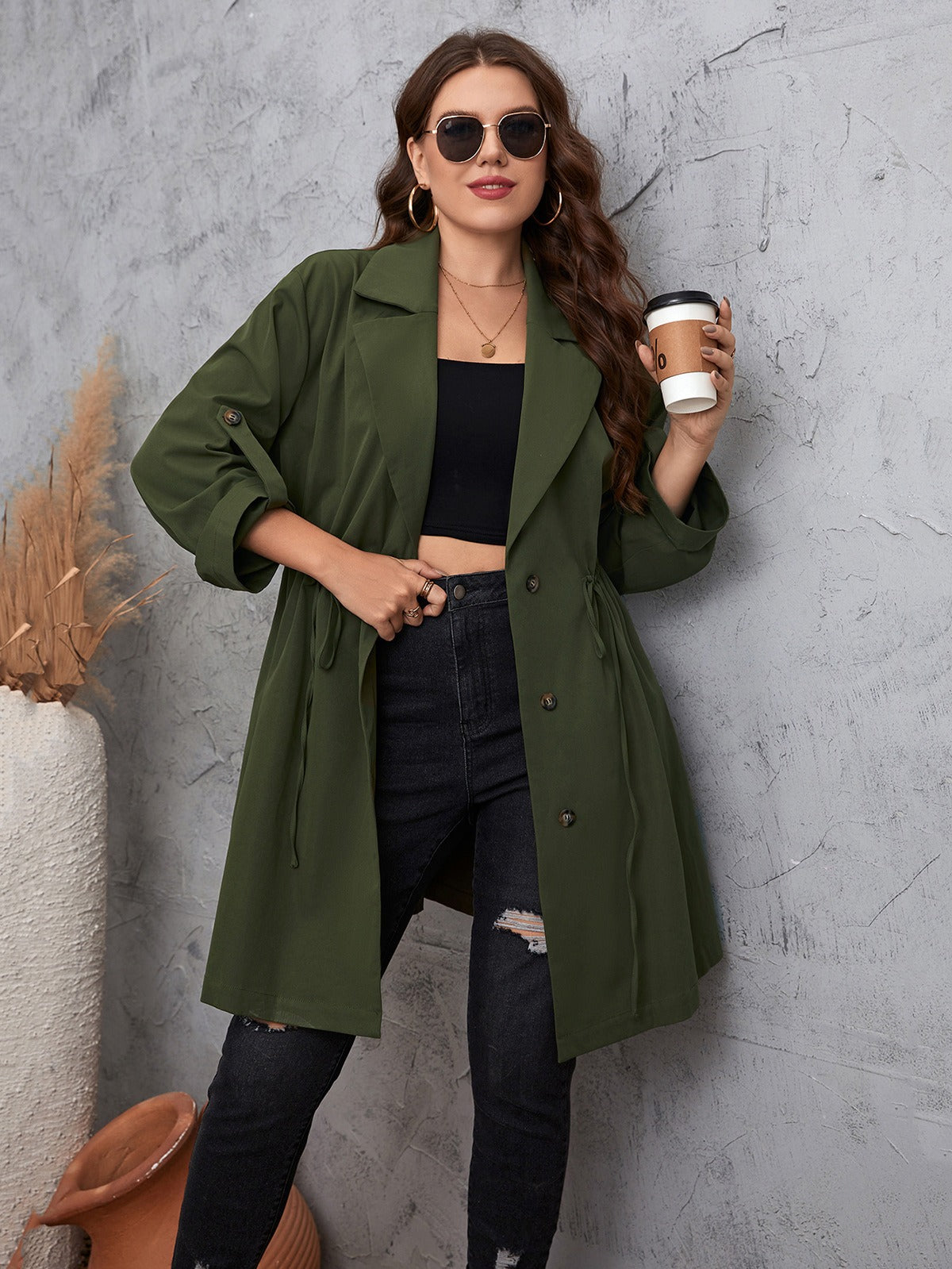 Women's Coat - Relaxed Fit - Blazer Collar - Button Detail