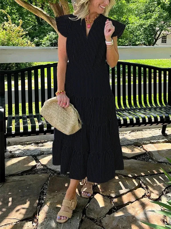 Women’s Midi Dress – Cotton – Relaxed Fit – V-Neck – Striped Tiered Skirt – Flying Sleeves
