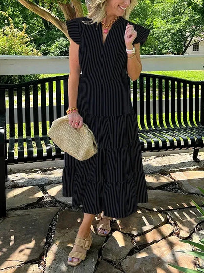 Women’s Midi Dress – Cotton – Relaxed Fit – V-Neck – Striped Tiered Skirt – Flying Sleeves