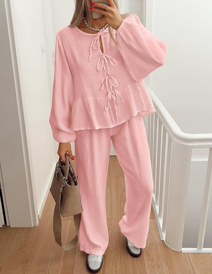 Women’s Two-Piece Set – V-Neck Tie-Bow Top – High-Waist Wide-Leg Pants – Relaxed Fit