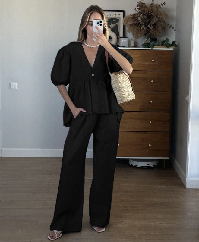 Women’s Two-Piece Set – V-Neck Puff Sleeve Top – High-Waist Wide-Leg Pants – Cotton