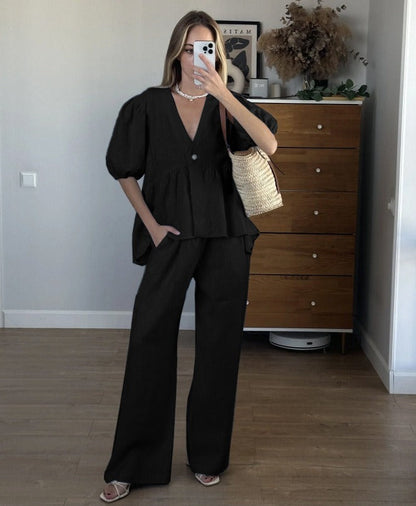 Women’s Two-Piece Set – V-Neck Puff Sleeve Top – High-Waist Wide-Leg Pants – Cotton