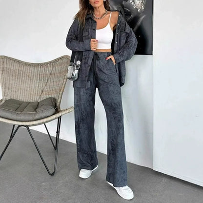 Women’s Shirt and Pants Set – Oversized Fit – Wide-Leg Drawstring – Cotton Blend