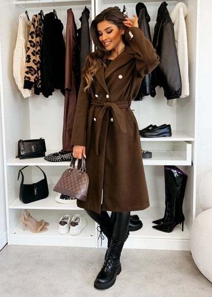 Women’s Wool Coat – Tailored Knee-Length Fit – Double-Breasted – Belted Waist