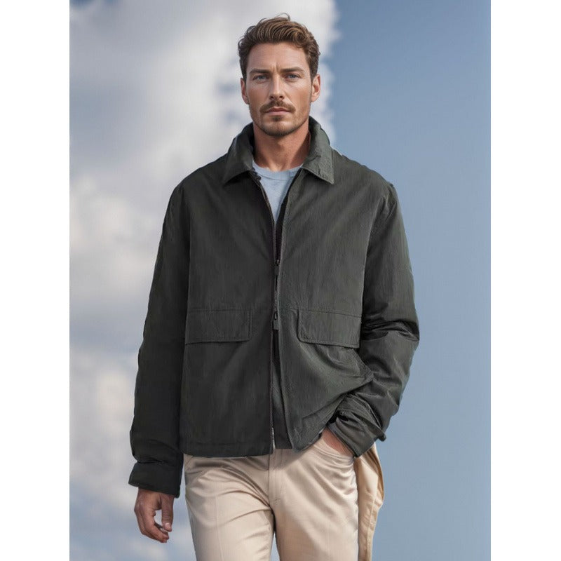 Men’s Jacket – Relaxed Fit – Lightweight – Textured Fabric – Stand Collar – Zip Front