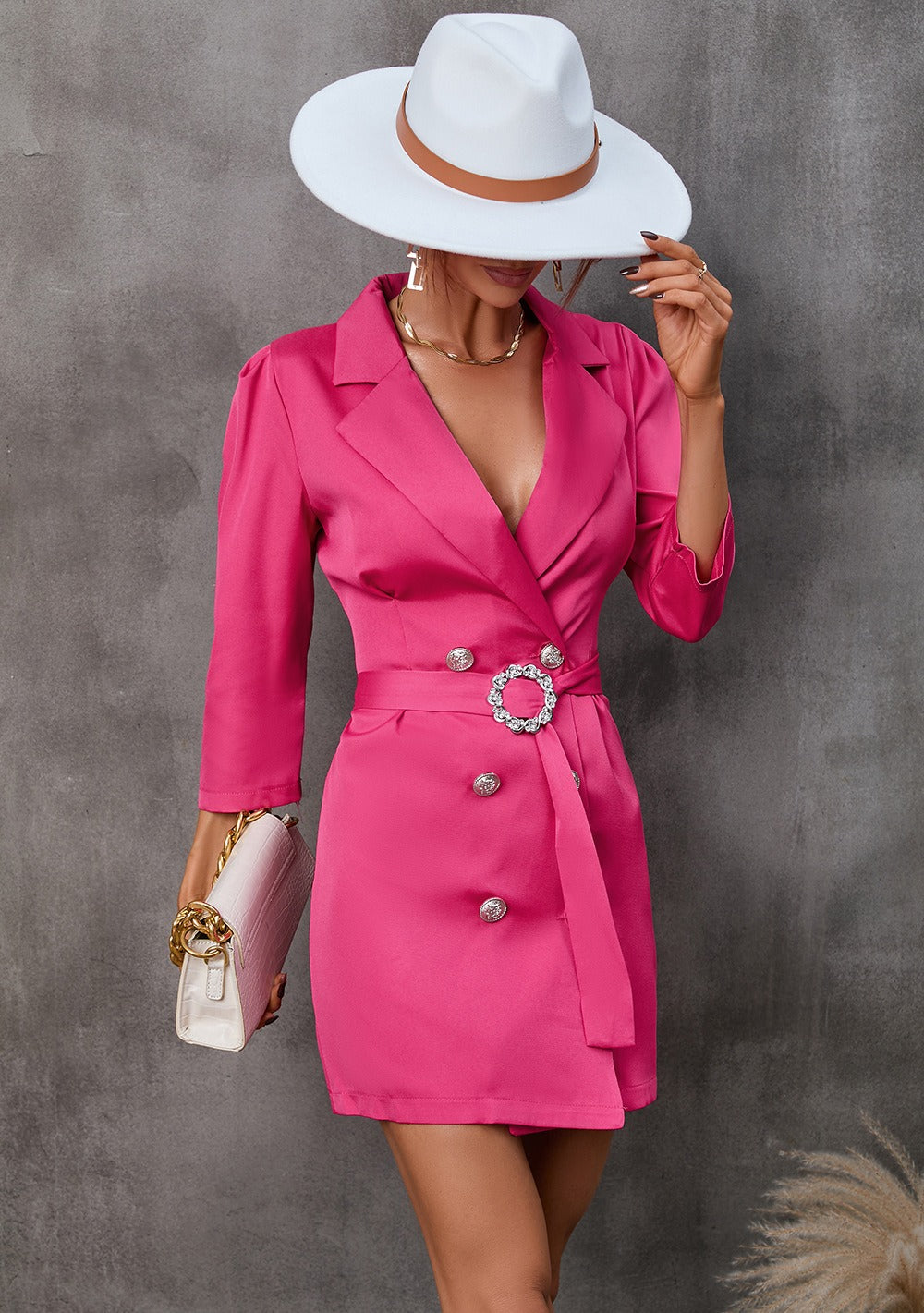 Women’s Blazer Dress – Tailored Fit – Wrap Style – Belted Waist – Notched Lapel