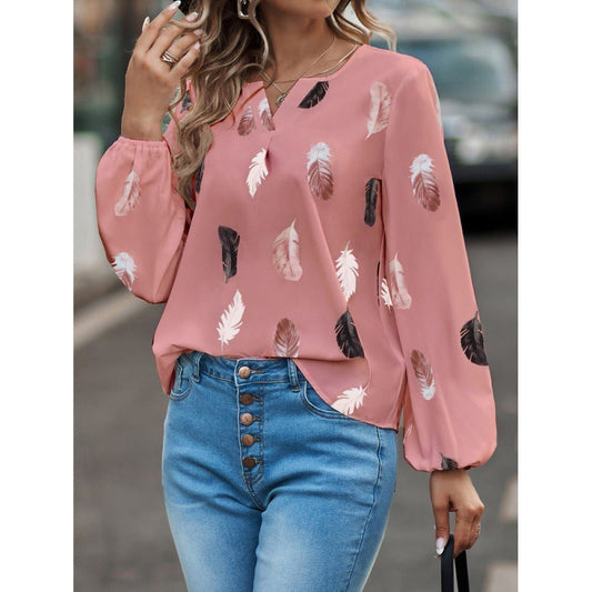 Women’s Long Sleeve T-Shirt – V-Neck – Relaxed Fit – Soft Touch Feather Print