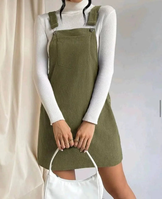 Women’s Midi Dress – Corduroy Ribbed Texture – Relaxed Fit – Adjustable Straps – Casual Wear