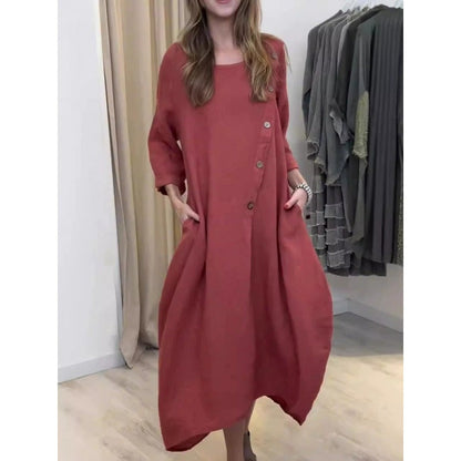 Women’s Maxi Dress - Cotton Blend - 3/4 Sleeve - Round Neck - Asymmetrical Hem