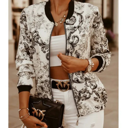 Women’s Cropped Jacket – Slim Fit – Bold Leaf Print – Zip Front – Ribbed Trim