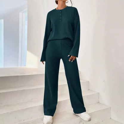 Women’s Loungewear Set – Ribbed Knit – Relaxed Fit Pullover – Full-Length Pants