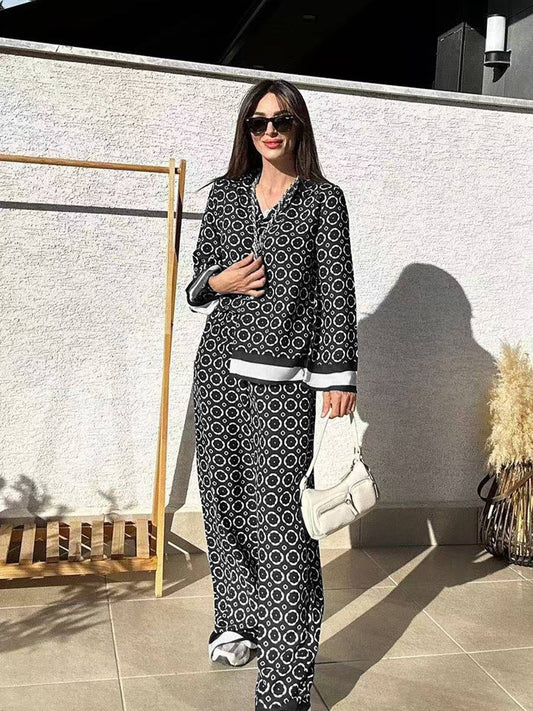 Women’s Two-Piece Set – Geometric Print – Relaxed Fit Shirt – Wide-Leg Pants