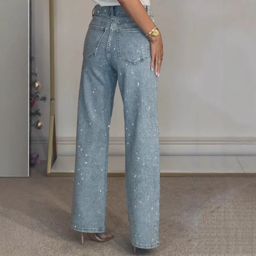Women’s Jeans – High-Rise Waist – Wide Leg – Relaxed Fit – Rhinestone Embellished