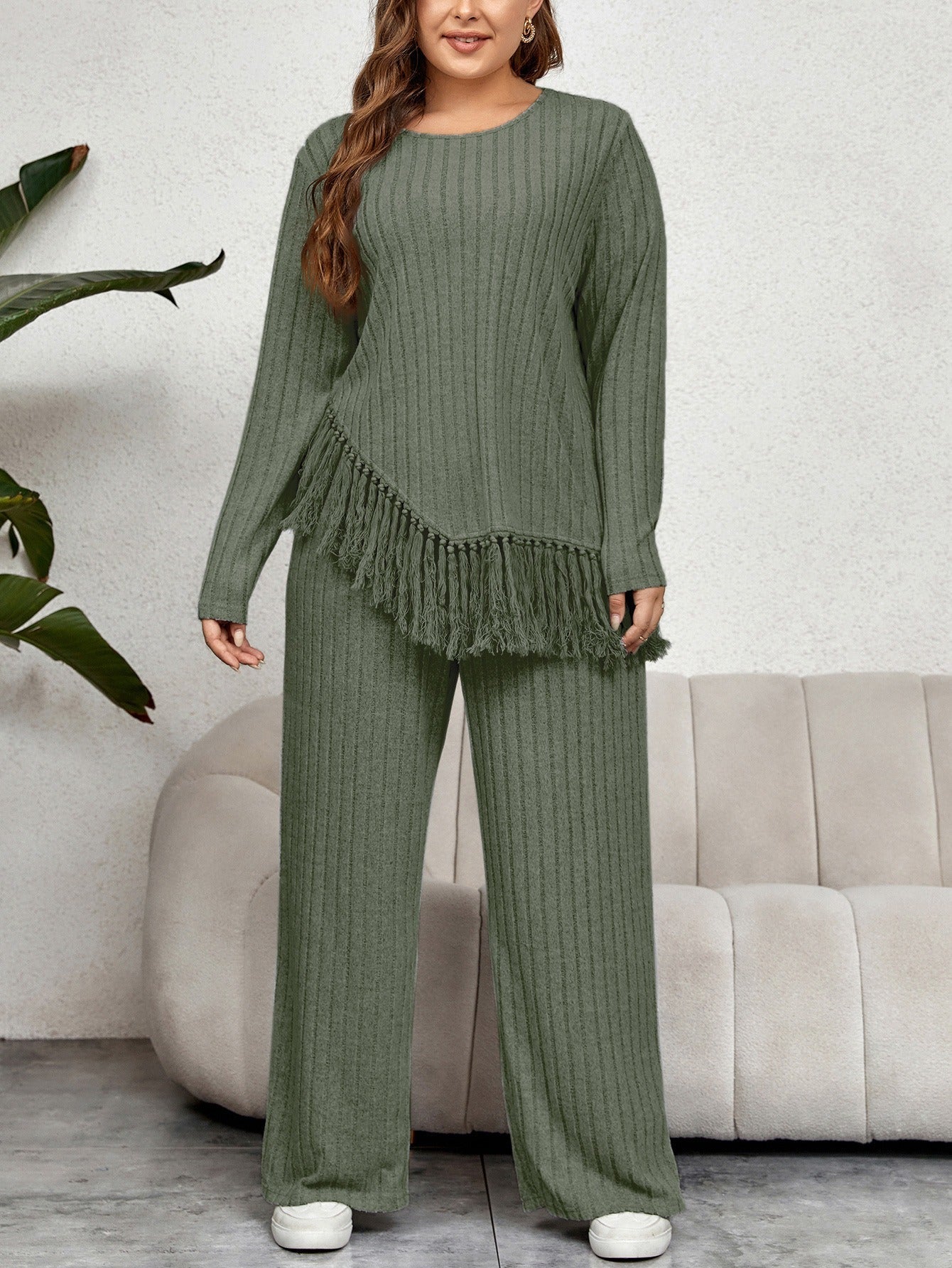 Women’s Lounge Set – Ribbed Knit – Oversized Fringe Hem Top – Wide Leg Pants