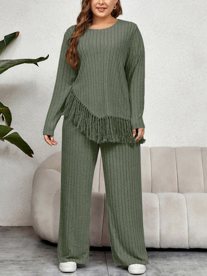 Women’s Lounge Set – Ribbed Knit – Oversized Fringe Hem Top – Wide Leg Pants