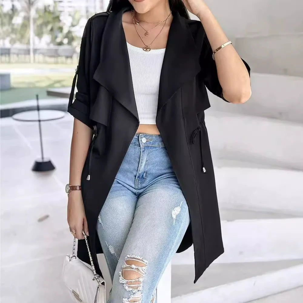 Women’s Trench Coat – Relaxed Fit – Cinched Waist – Cotton Blend – Mid Length