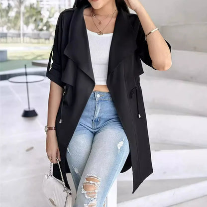 Women’s Trench Coat – Relaxed Fit – Cinched Waist – Cotton Blend – Mid Length