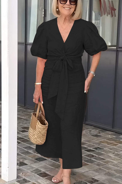 Women’s Midi Dress – V-Neck – Puff Sleeve – Lace-Up Waist – Tailored Fit – Cotton