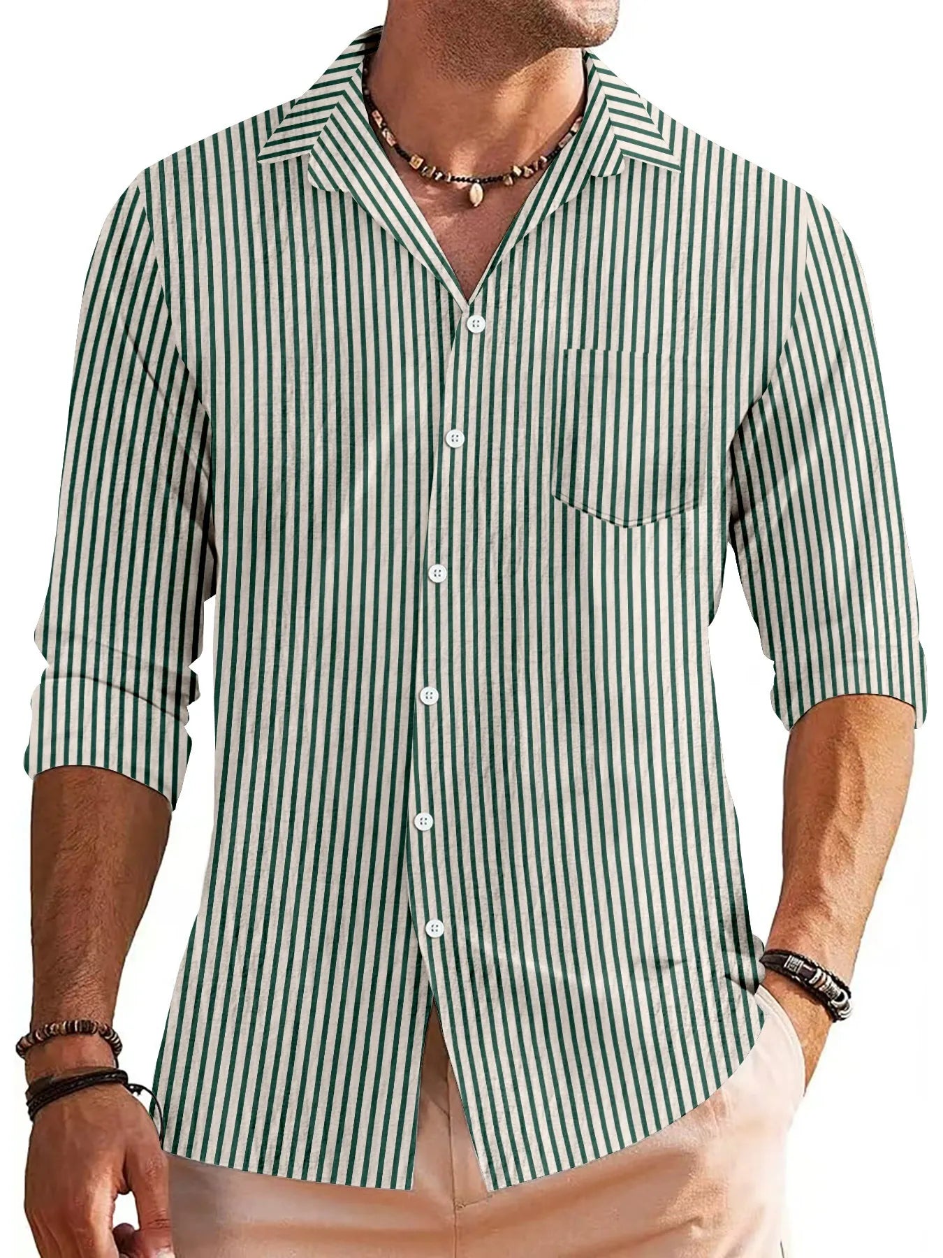 Men’s Button-Down Shirt – Cotton Blend – Regular Fit – Striped Long Sleeve Casual