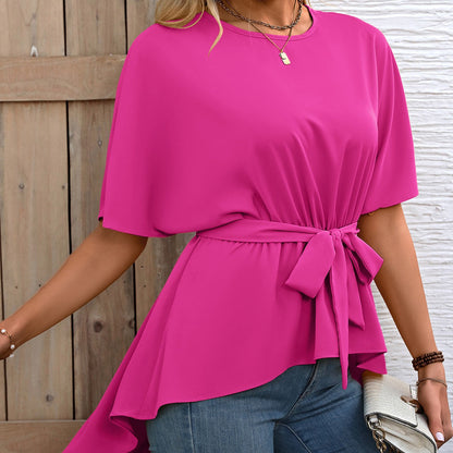 Women’s Blouse – Relaxed Fit – Tie Waist – Short Sleeve – Flowy Lightweight Fabric